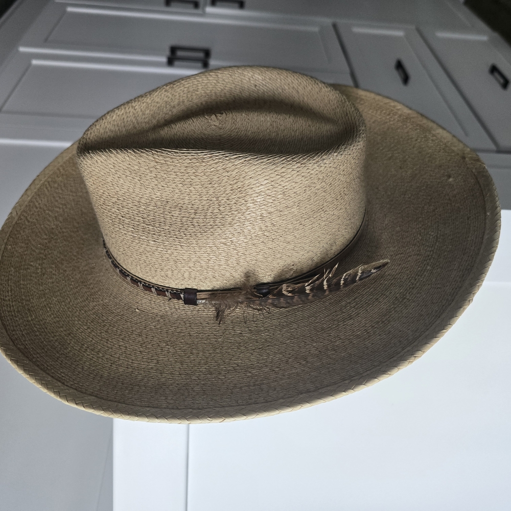 Tan Straw Hat with Feather Accent